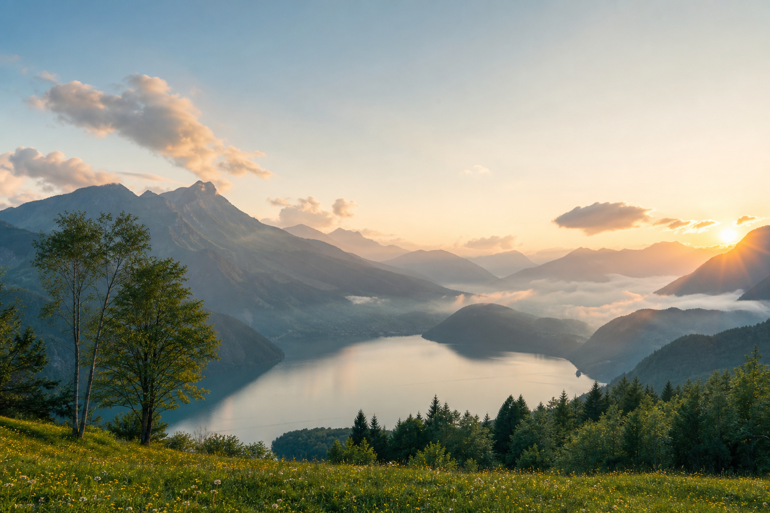 晨雾中的群山与湖泊风景